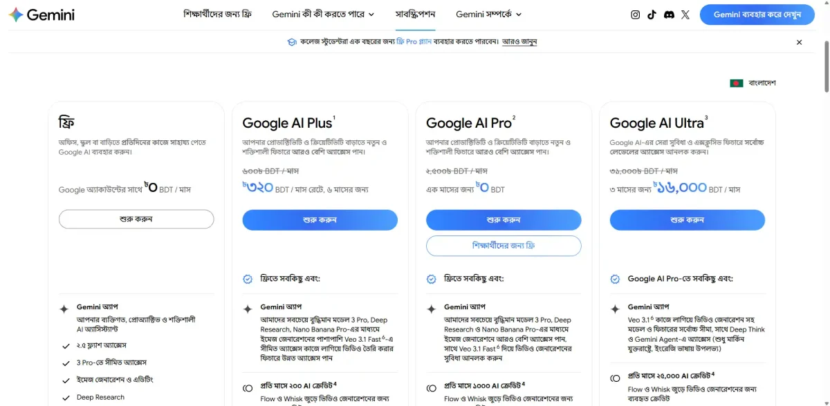 Gemini Pro Subscription BD list
